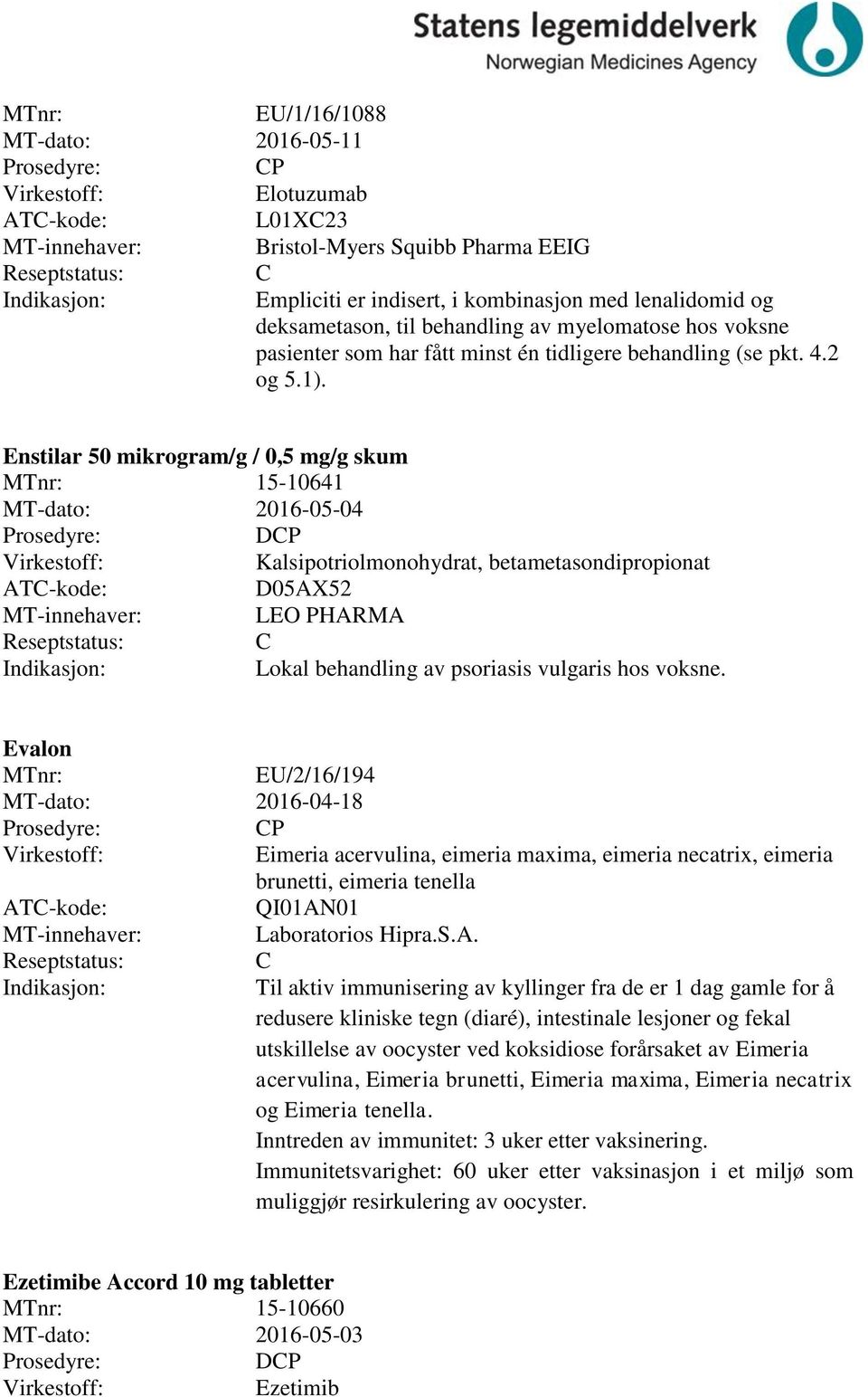 Enstilar 50 mikrogram/g / 0,5 mg/g skum MTnr: 15-10641 MT-dato: 2016-05-04 DP Kalsipotriolmonohydrat, betametasondipropionat D05AX52 LEO PHARMA Lokal behandling av psoriasis vulgaris hos voksne.