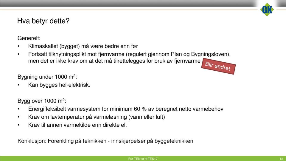 det er ikke krav om at det må tilrettelegges for bruk av fjernvarme Bygning under 1000 m 2 : Kan bygges hel-elektrisk.