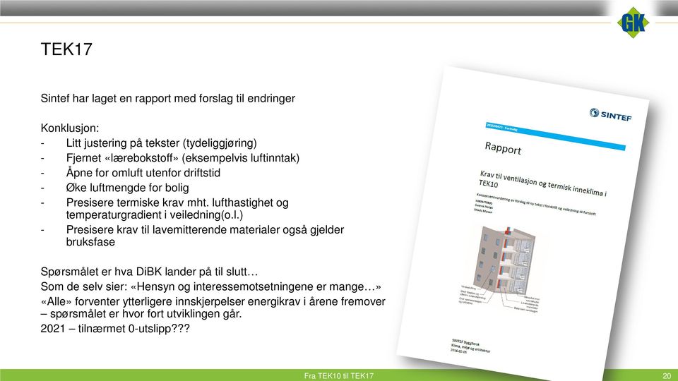 lufthastighet og temperaturgradient i veiledning(o.l.) - Presisere krav til lavemitterende materialer også gjelder bruksfase Spørsmålet er hva DiBK lander på til