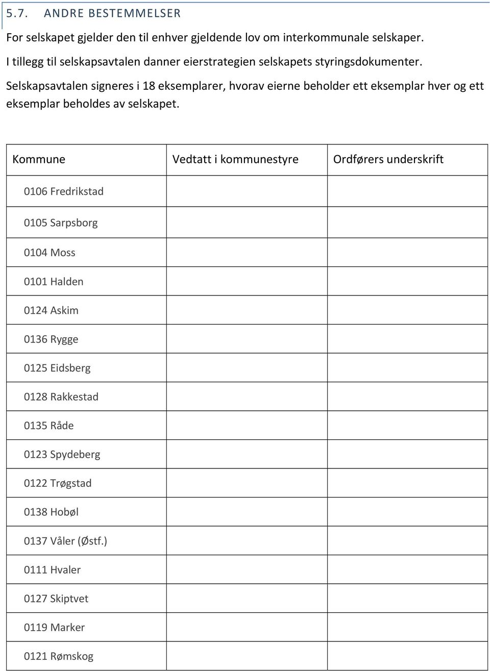 Selskapsavtalen signeres i 18 eksemplarer, hvorav eierne beholder ett eksemplar hver og ett eksemplar beholdes av selskapet.