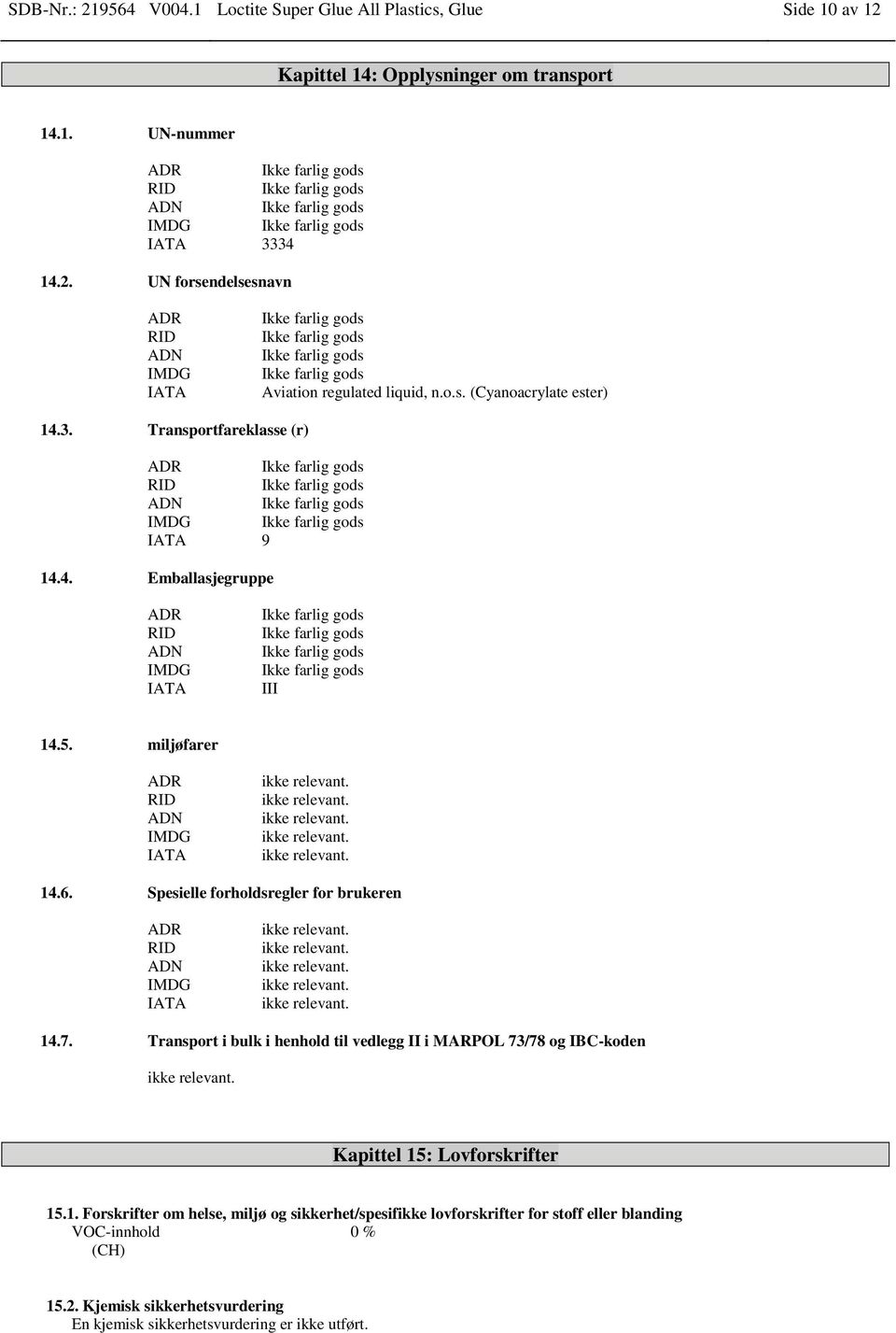 Spesielle forholdsregler for brukeren ADR RID ADN IMDG IATA 14.7. Transport i bulk i henhold til vedlegg II i MARPOL 73/78 og IBC-koden Kapittel 15: Lovforskrifter 15.1. Forskrifter om helse, miljø og sikkerhet/spesifikke lovforskrifter for stoff eller blanding VOC-innhold 0 % (CH) 15.