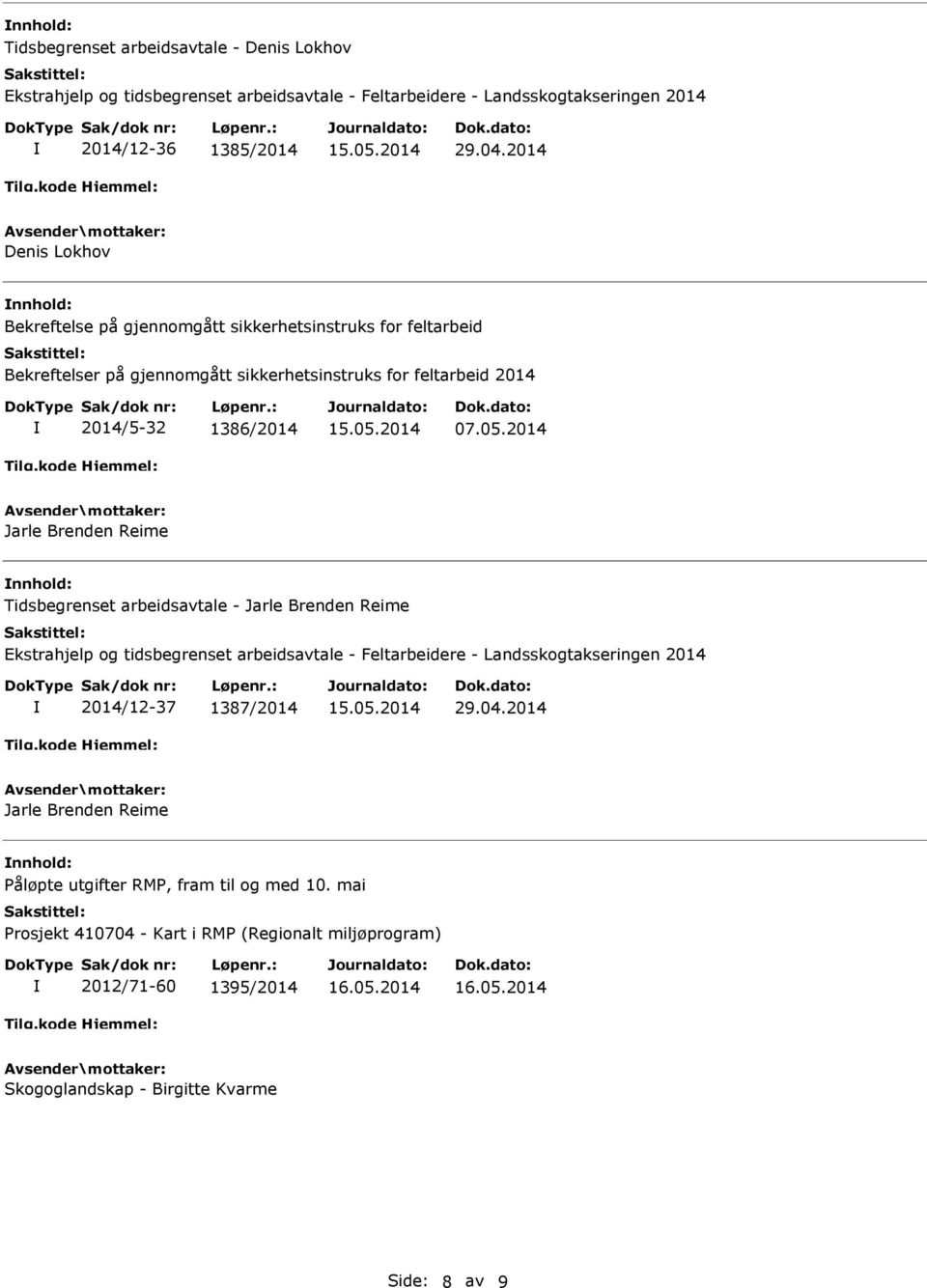 2014 Jarle Brenden Reime Tidsbegrenset arbeidsavtale - Jarle Brenden Reime 2014/12-37 1387/2014 Jarle Brenden Reime Påløpte utgifter