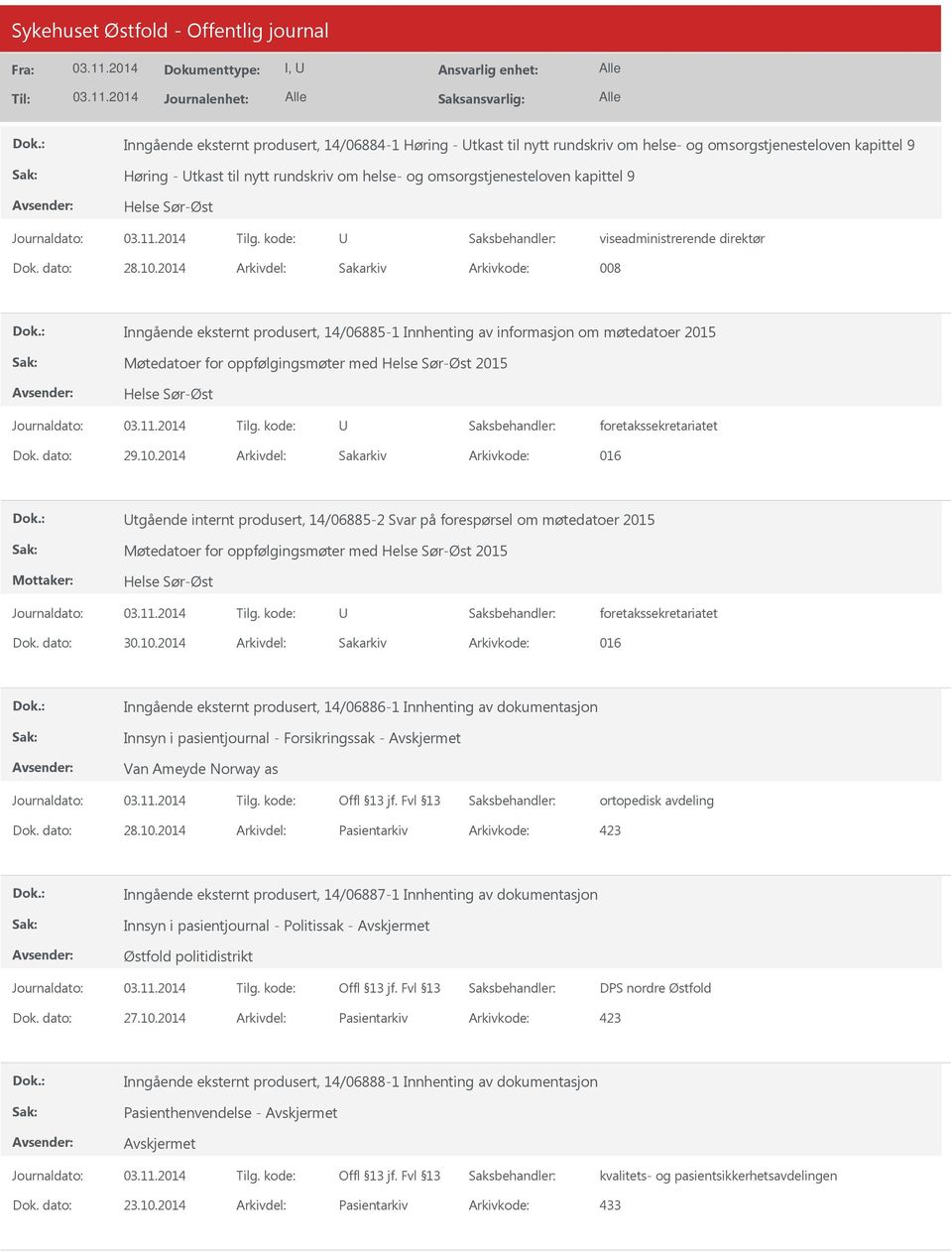 2014 Arkivdel: Sakarkiv Arkivkode: 008 Inngående eksternt produsert, 14/06885-1 Innhenting av informasjon om møtedatoer 2015 Møtedatoer for oppfølgingsmøter med 2015 foretakssekretariatet Dok.