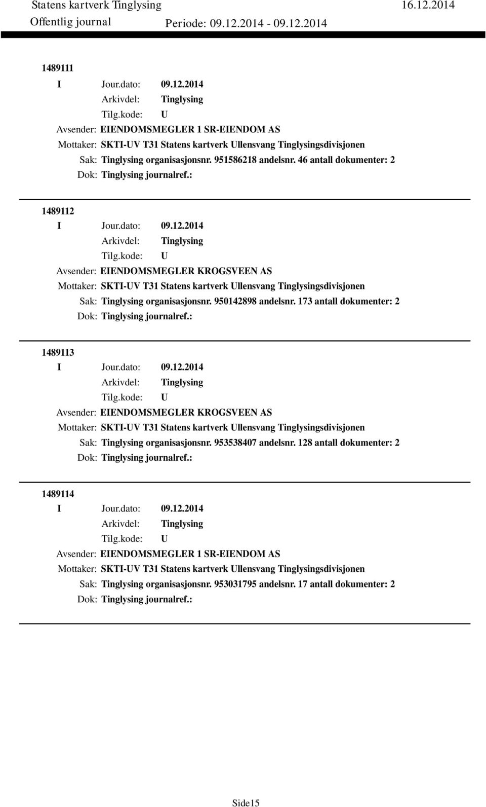 173 antall dokumenter: 2 Dok: journalref.: 1489113 Avsender: EIENDOMSMEGLER KROGSVEEN AS Mottaker: SKTI-V T31 Statens kartverk llensvang sdivisjonen Sak: organisasjonsnr. 953538407 andelsnr.