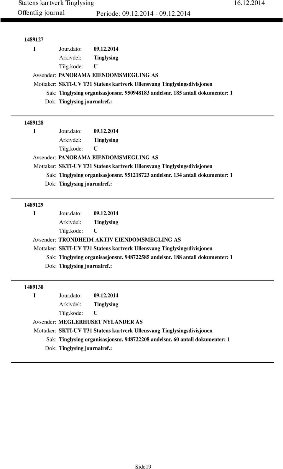 134 antall dokumenter: 1 Dok: journalref.: 1489129 Avsender: TRONDHEIM AKTIV EIENDOMSMEGLING AS Mottaker: SKTI-V T31 Statens kartverk llensvang sdivisjonen Sak: organisasjonsnr. 948722585 andelsnr.