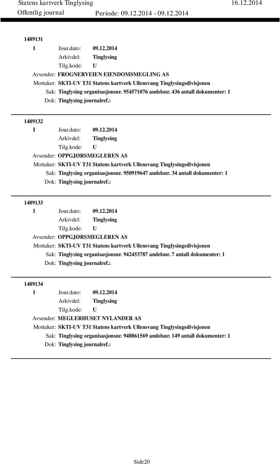 34 antall dokumenter: 1 Dok: journalref.: 1489133 Avsender: OPPGJØRSMEGLEREN AS Mottaker: SKTI-V T31 Statens kartverk llensvang sdivisjonen Sak: organisasjonsnr. 942453787 andelsnr.