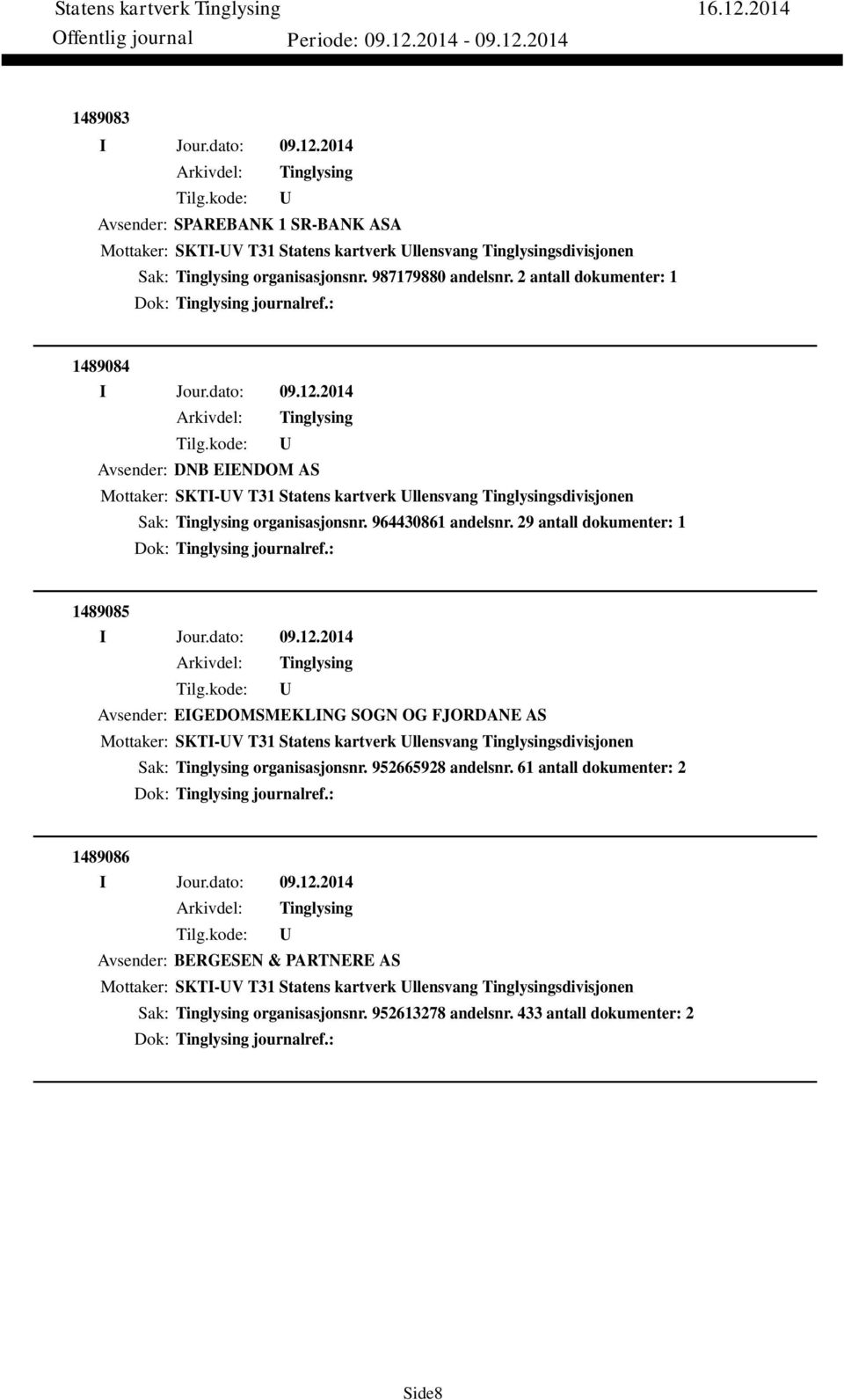 29 antall dokumenter: 1 Dok: journalref.: 1489085 Avsender: EIGEDOMSMEKLING SOGN OG FJORDANE AS Mottaker: SKTI-V T31 Statens kartverk llensvang sdivisjonen Sak: organisasjonsnr.