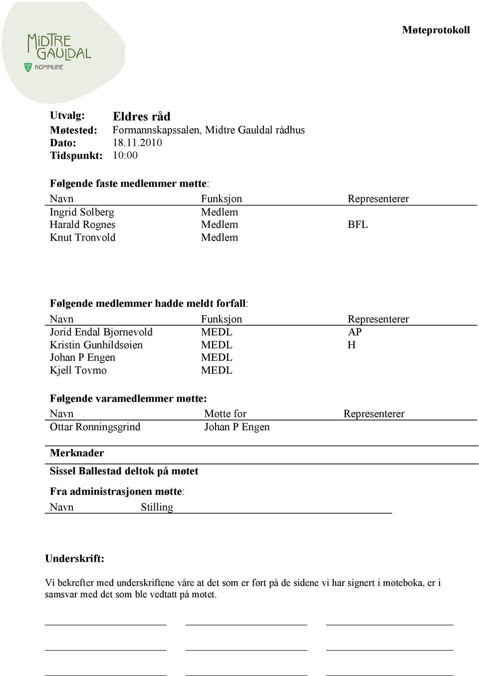 forfall: Navn Funksjon Representerer Jorid Endal Bjørnevold MEDL AP Kristin Gunhildsøien MEDL H Johan P Engen MEDL Kjell Tovmo MEDL Følgende varamedlemmer møtte: Navn Møtte for