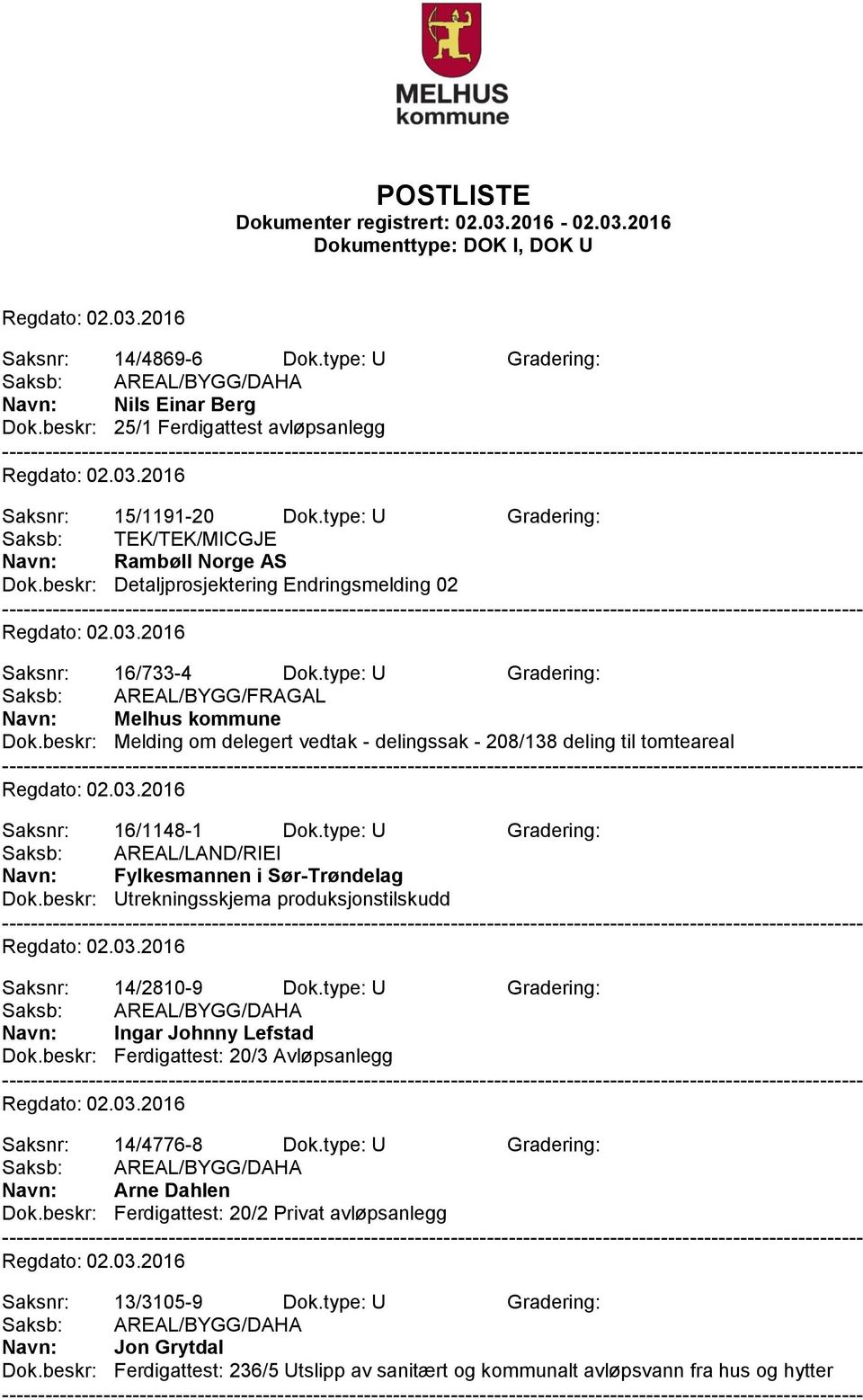 type: U Gradering: Saksb: AREAL/BYGG/FRAGAL Navn: Melhus kommune Dok.beskr: Melding om delegert vedtak - delingssak - 208/138 deling til tomteareal Saksnr: 16/1148-1 Dok.