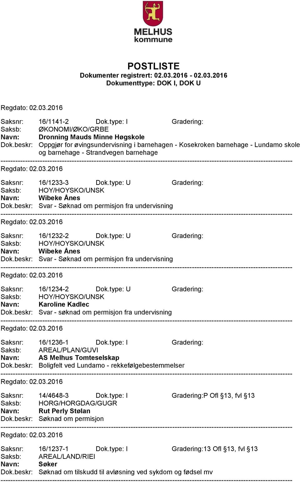 beskr: Svar - Søknad om permisjon fra undervisning Saksnr: 16/1232-2 Dok.type: U Gradering: Navn: Wibeke Ånes Dok.beskr: Svar - Søknad om permisjon fra undervisning Saksnr: 16/1234-2 Dok.