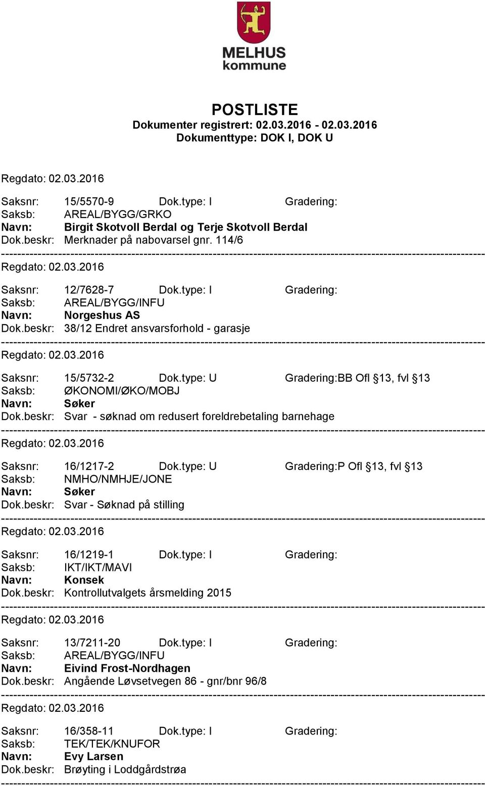 beskr: Svar - søknad om redusert foreldrebetaling barnehage Saksnr: 16/1217-2 Dok.type: U Gradering:P Ofl 13, fvl 13 Saksb: NMHO/NMHJE/JONE Dok.beskr: Svar - Søknad på stilling Saksnr: 16/1219-1 Dok.