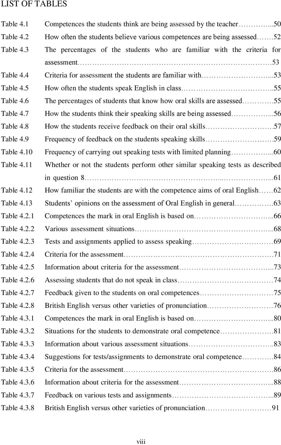 53 Criteria for assessment the students are familiar with...53 How often the students speak English in class..55 The percentages of students that know how oral skills are assessed.