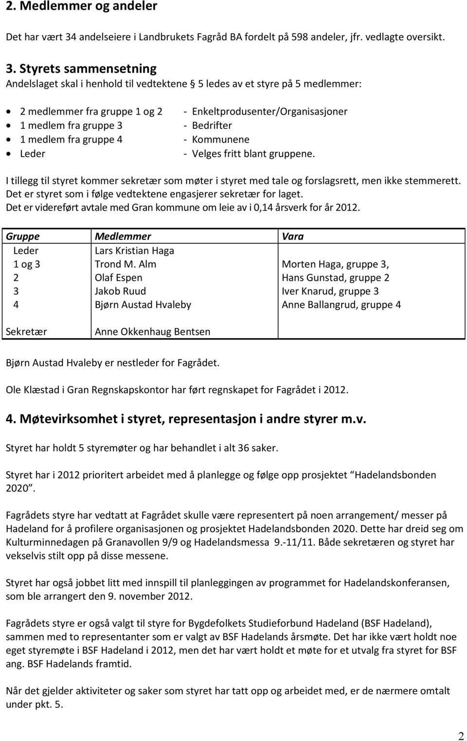 Styrets sammensetning Andelslaget skal i henhold til vedtektene 5 ledes av et styre på 5 medlemmer: 2 medlemmer fra gruppe 1 og 2 1 medlem fra gruppe 3 1 medlem fra gruppe 4 Leder -