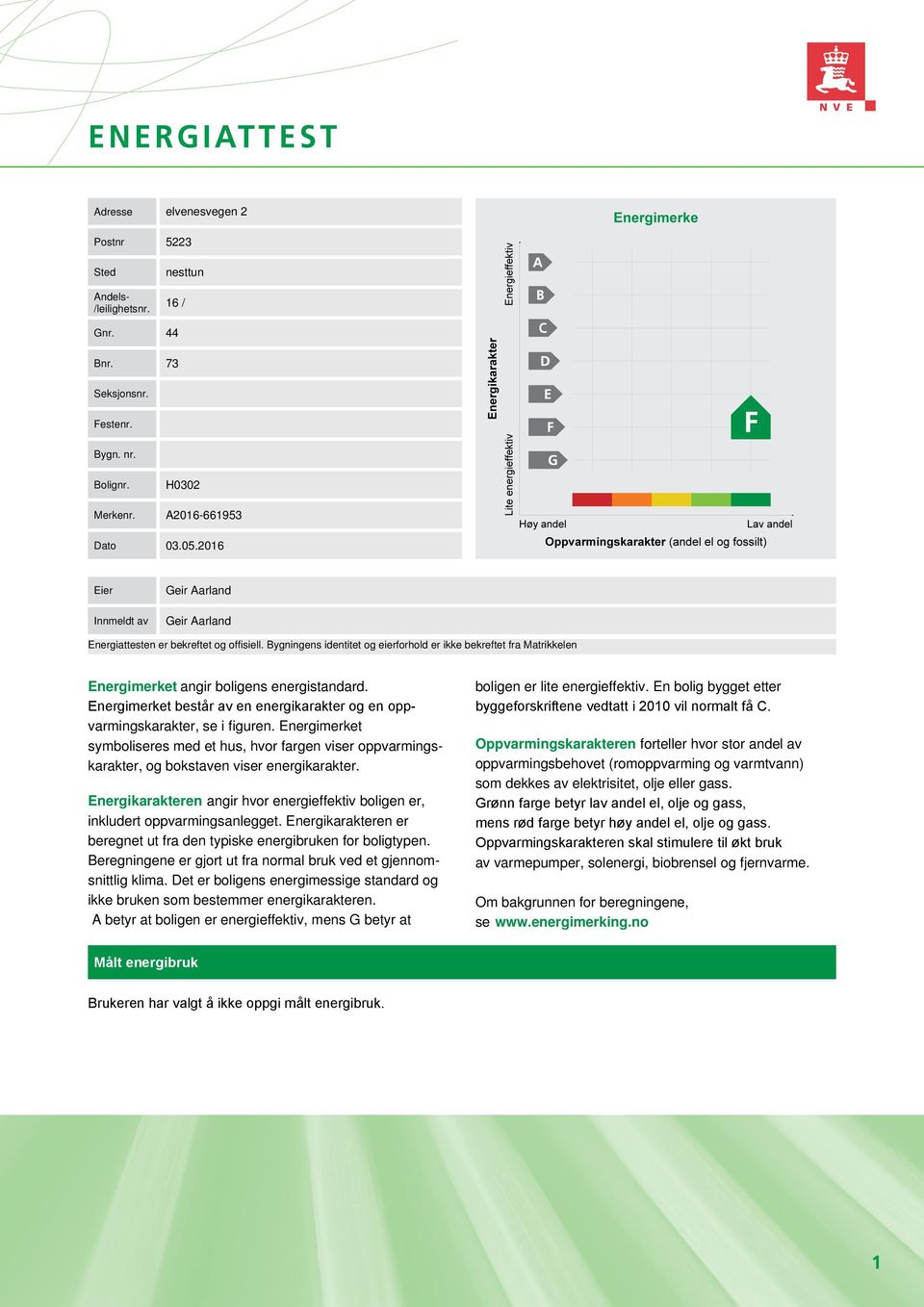 Bygningens identitet og eierforhold er ikke bekreftet fra Matrikkelen Energimerket angir boligens energistandard. Energimerket består av en energikarakter og en oppvarmingskarakter, se i figuren.