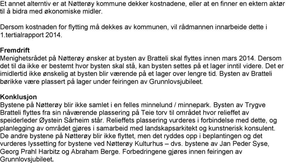 Fremdrift Menighetsrådet på Nøtterøy ønsker at bysten av Bratteli skal flyttes innen mars 2014. Dersom det til da ikke er bestemt hvor bysten skal stå, kan bysten settes på et lager inntil videre.