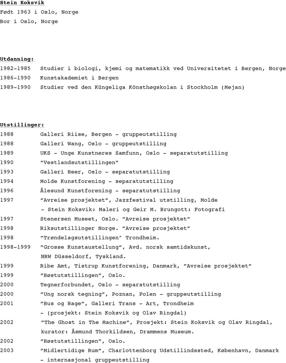 Oslo - separatutstilling 1990 Vestlandsutstillingen 1993 Galleri Heer, Oslo - separatutstilling 1994 Molde Kunstforening - separatutstilling 1996 Ålesund Kunstforening - separatutstilling 1997