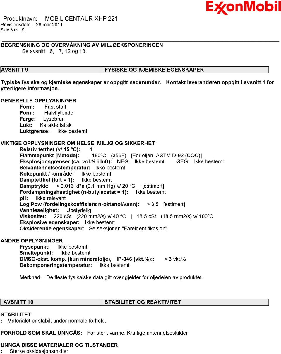 GENERELLE OPPLYSNINGER Form: Fast stoff Form: Halvflytende Farge: Lysebrun Lukt: Karakteristisk Luktgrense: Ikke bestemt VIKTIGE OPPLYSNINGER OM HELSE, MILJØ OG SIKKERHET Relativ tetthet (v/ 15 ºC):