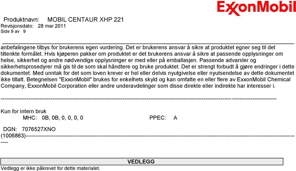 Passende advarsler og sikkerhetsprosedyrer må gis til de som skal håndtere og bruke produktet. Det er strengt forbudt å gjøre endringer i dette dokumentet.