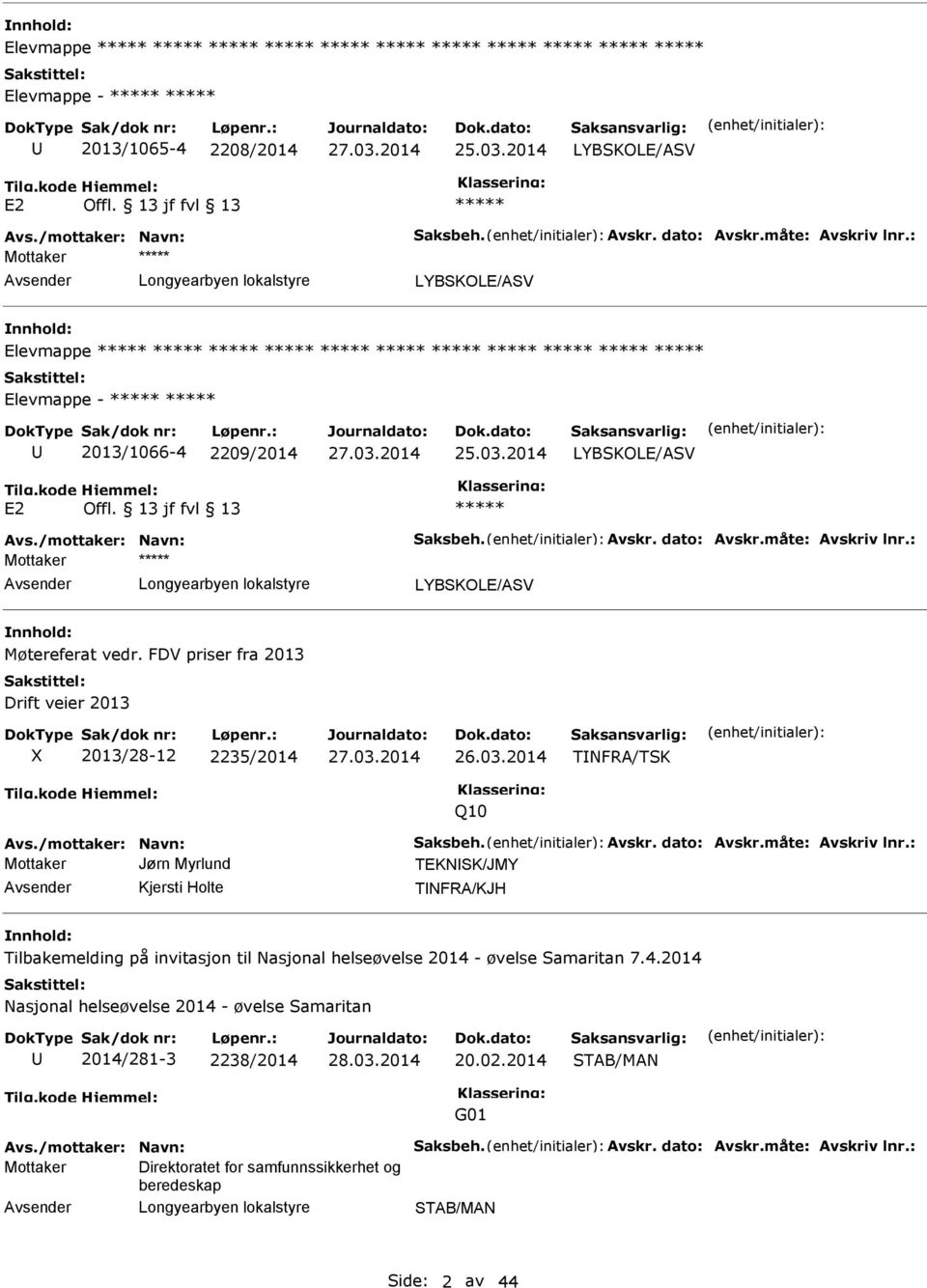 : Mottaker vsender LYBSKOLE/SV Møtereferat vedr. FDV priser fra 2013 Drift veier 2013 X 2013/28-12 2235/2014 TNFR/TSK Q10 vs./mottaker: Navn: Saksbeh. vskr. dato: vskr.måte: vskriv lnr.