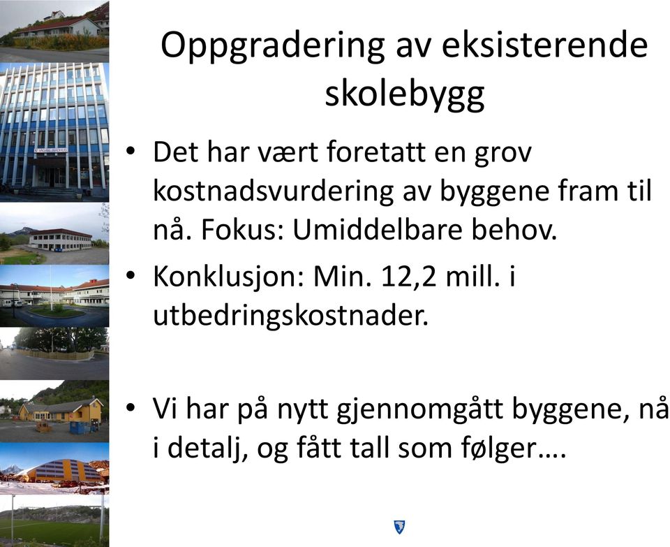 Fokus: Umiddelbare behov. Konklusjon: Min. 12,2 mill.