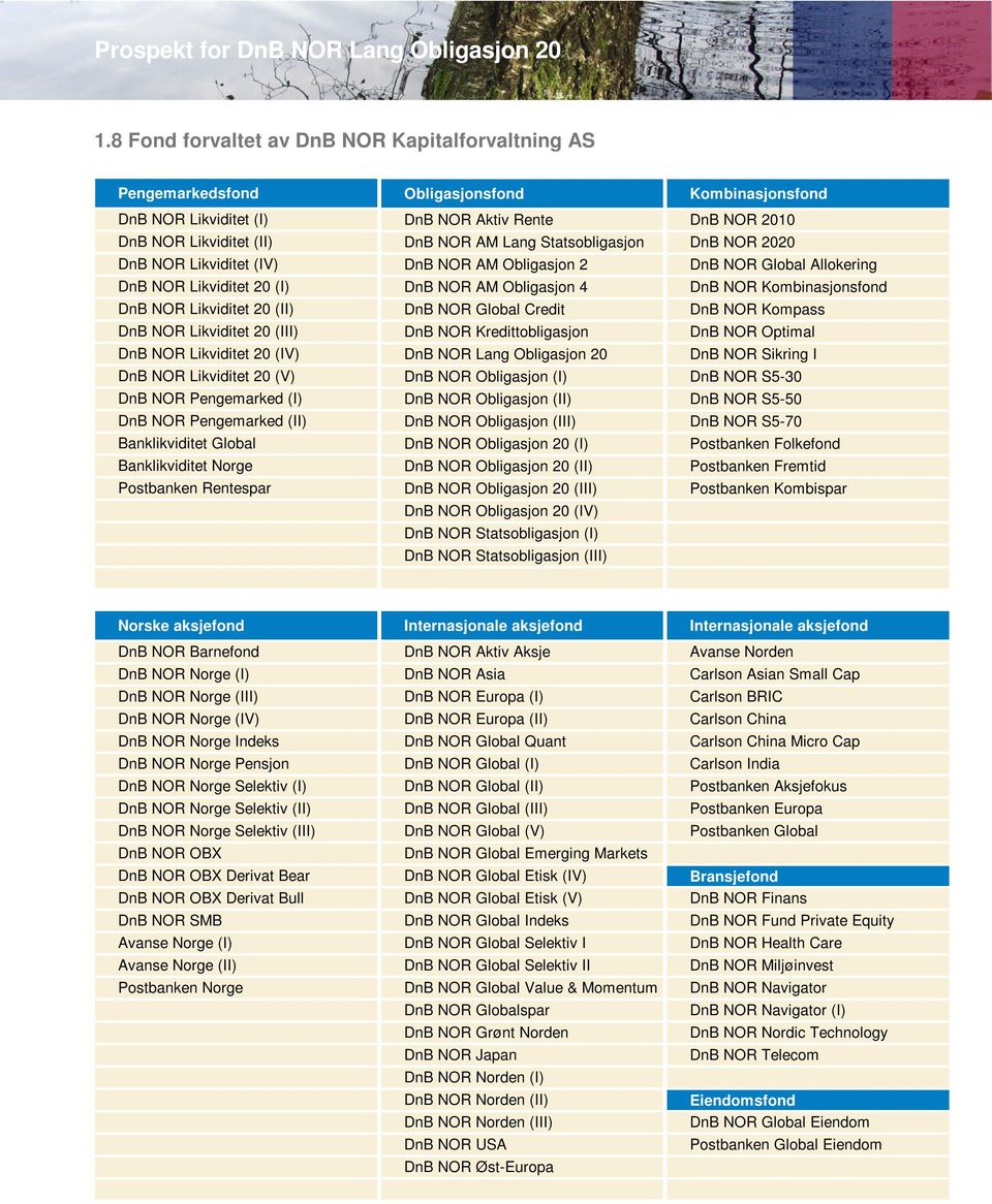 Obligasjonsfond DnB NOR Aktiv Rente DnB NOR AM Lang Statsobligasjon DnB NOR AM Obligasjon 2 DnB NOR AM Obligasjon 4 DnB NOR Global Credit DnB NOR Kredittobligasjon DnB NOR Lang Obligasjon 20 DnB NOR