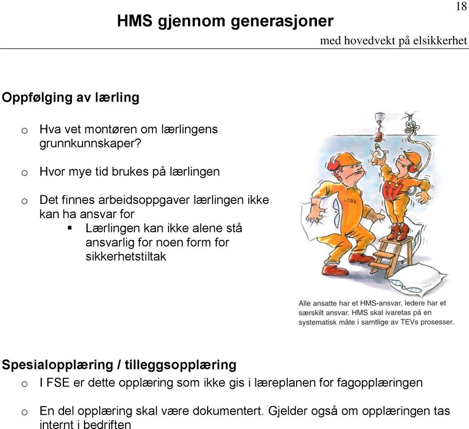 ikke alene stå ansvarlig for noen form for sikkerhetstiltak Spesialopplæring / tilleggsopplæring o I FSE er