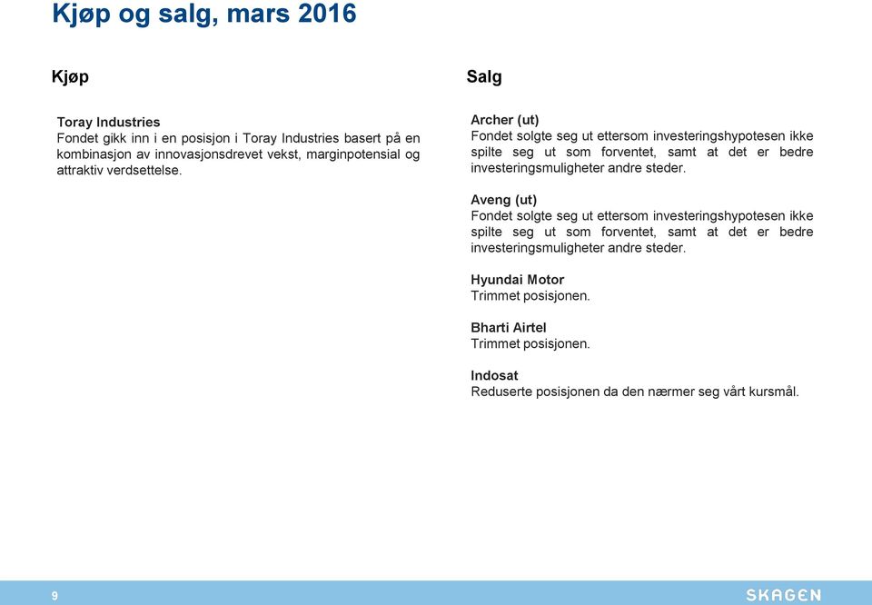 Archer (ut) Fondet solgte seg ut ettersom investeringshypotesen ikke spilte seg ut som forventet, samt at det er bedre investeringsmuligheter andre steder.