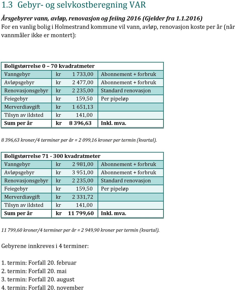 Feiegebyr kr 159,50 Per pipeløp Merverdiavgift kr 1 651,13 Tilsyn av ildsted kr 141,00 Sum per år kr 8 396,63 Inkl. mva. 8 396,63 kroner/4 terminer per år = 2 099,16 kroner per termin (kvartal).