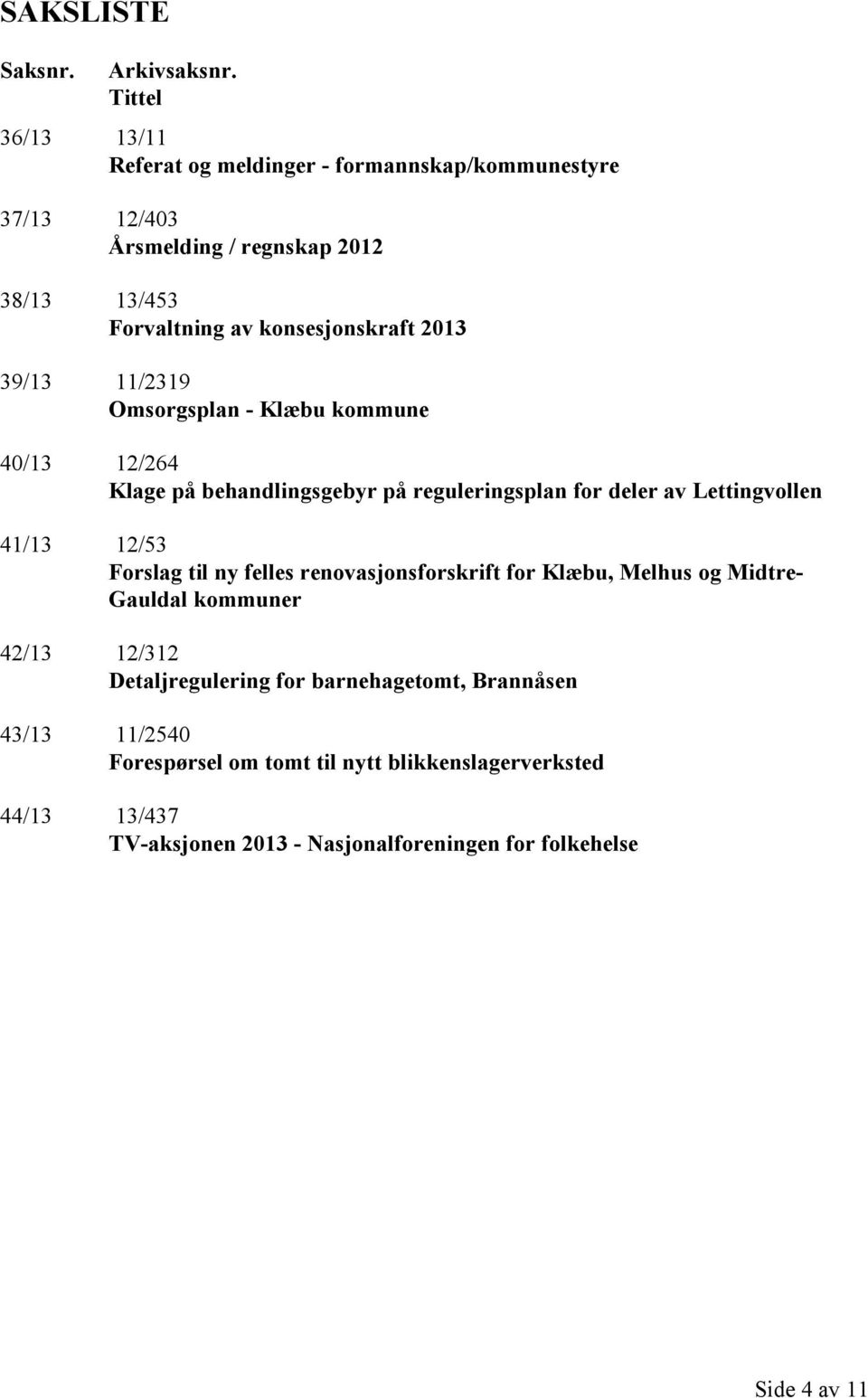 2013 39/13 11/2319 Omsorgsplan - Klæbu kommune 40/13 12/264 Klage på behandlingsgebyr på reguleringsplan for deler av Lettingvollen 41/13 12/53 Forslag