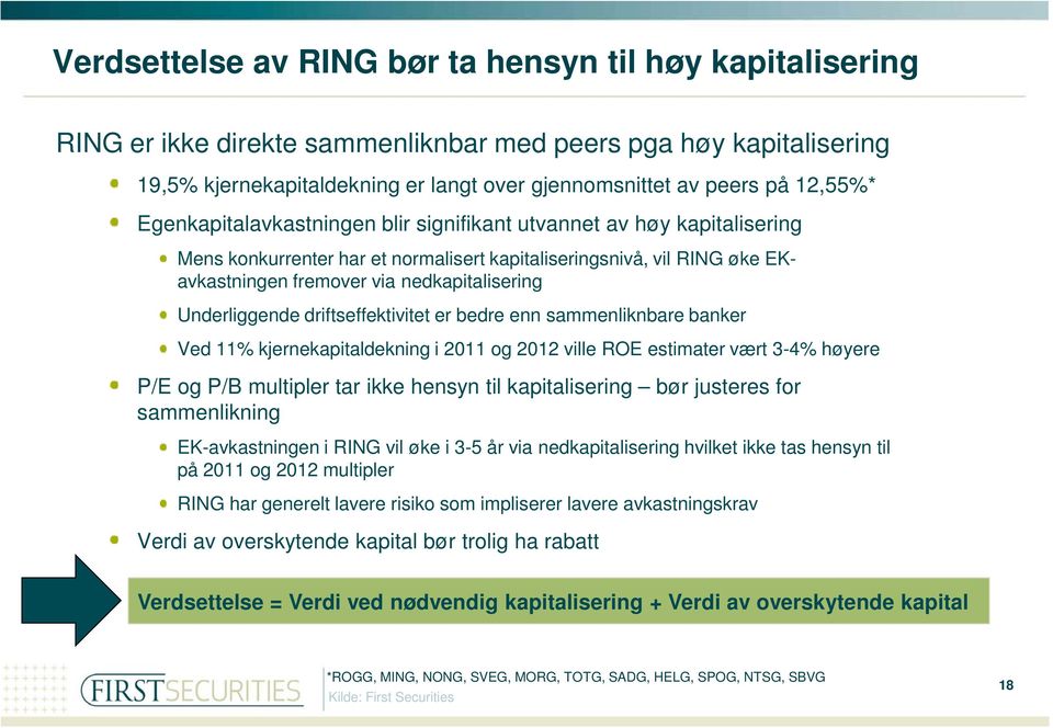 Underliggende driftseffektivitet er bedre enn sammenliknbare banker Ved 11% kjernekapitaldekning i 2011 og 2012 ville ROE estimater vært 3-4% høyere P/E og P/B multipler tar ikke hensyn til