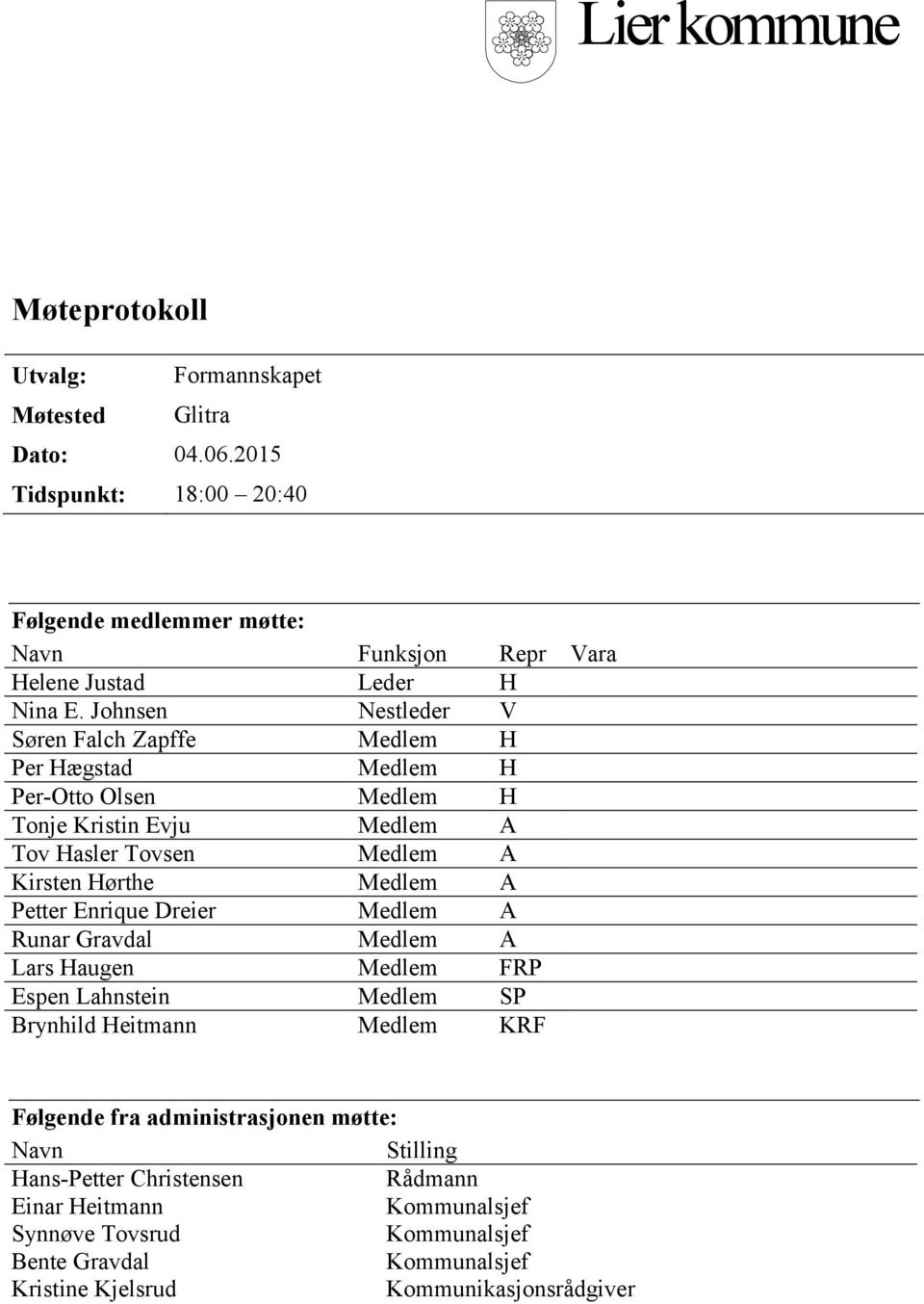 Johnsen Nestleder V Søren Falch Zapffe Medlem H Per Hægstad Medlem H Per-Otto Olsen Medlem H Tonje Kristin Evju Medlem A Tov Hasler Tovsen Medlem A Kirsten Hørthe Medlem A