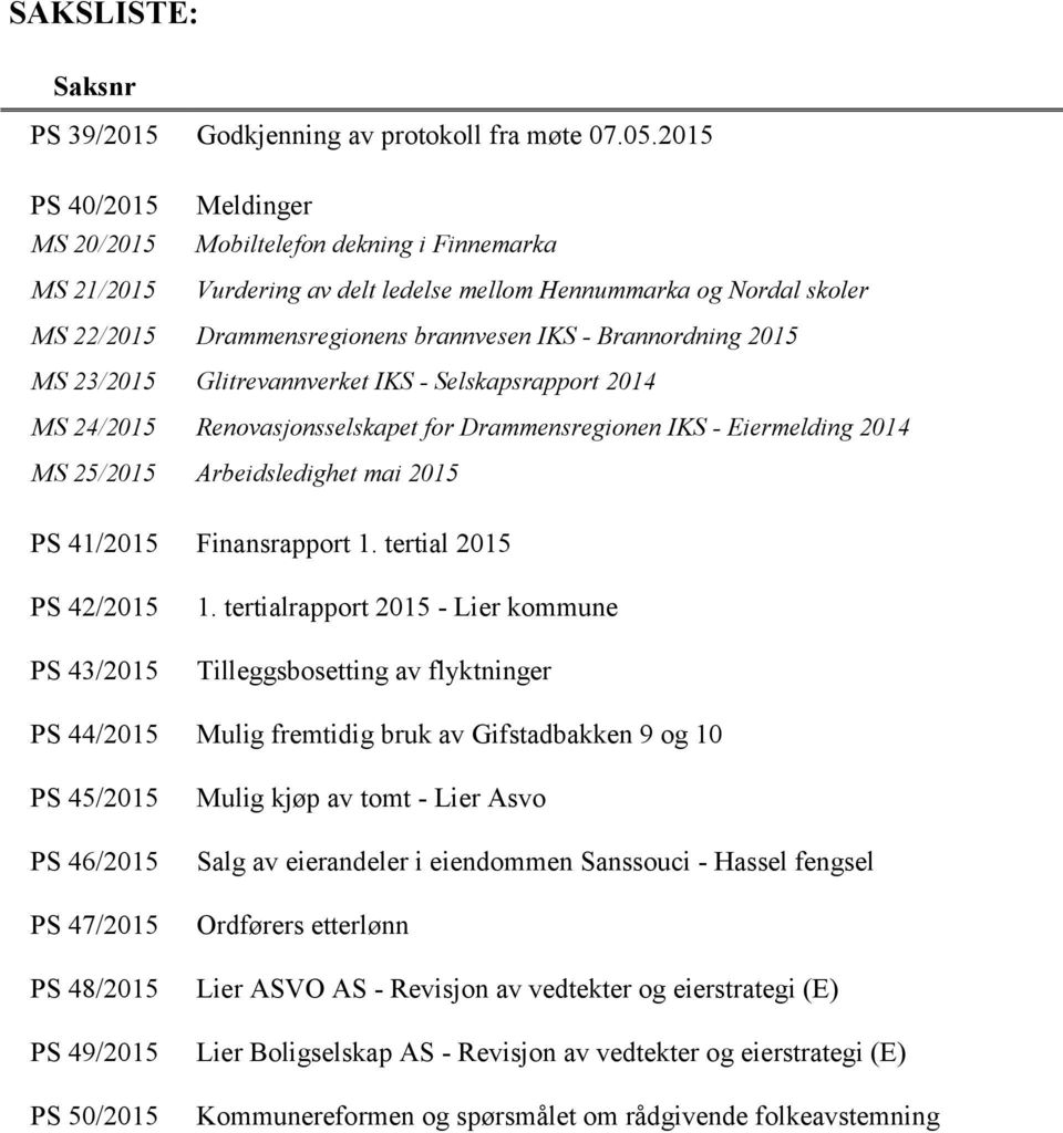 Brannordning 2015 MS 23/2015 Glitrevannverket IKS - Selskapsrapport 2014 MS 24/2015 Renovasjonsselskapet for Drammensregionen IKS - Eiermelding 2014 MS 25/2015 Arbeidsledighet mai 2015 PS 41/2015