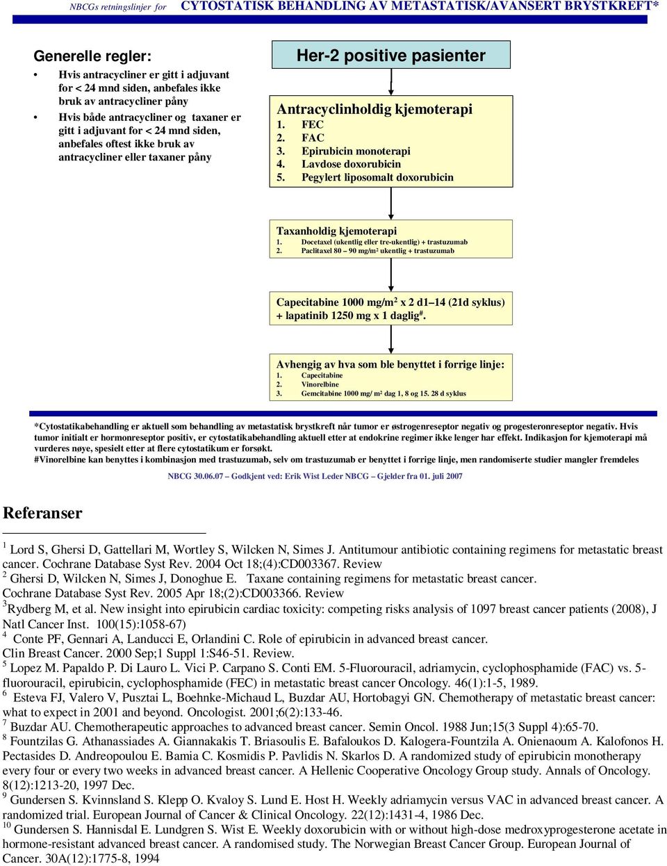 FEC 2. FAC 3. Epirubicin monoterapi 4. Lavdose doxorubicin 5. Pegylert liposomalt doxorubicin Taxanholdig kjemoterapi 1. Docetaxel (ukentlig eller tre-ukentlig) + trastuzumab 2.