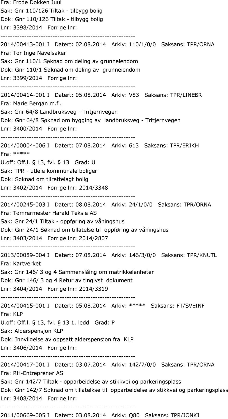 2014/00414-001 I Datert: 05.08.2014 Arkiv: V83 Saksans: TPR/LINEBR Fra: Marie Bergan m.fl.