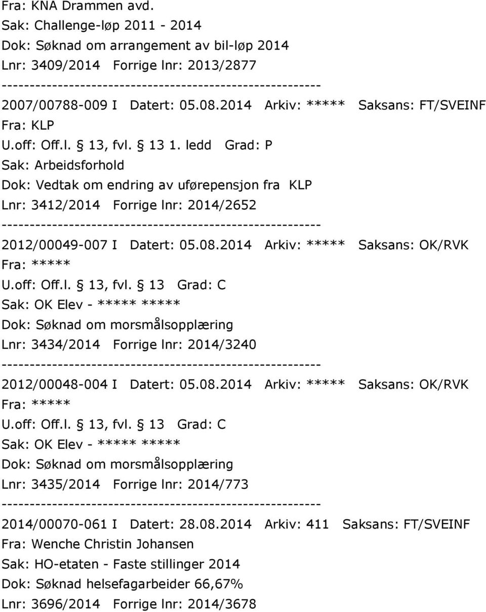 ledd Grad: P Sak: Arbeidsforhold Dok: Vedtak om endring av uførepensjon fra KLP Lnr: 3412/2014 Forrige lnr: 2014/2652 2012/00049-007 I Datert: 05.08.2014 Arkiv: ***** Saksans: OK/RVK U.off: Off.l. 13, fvl.