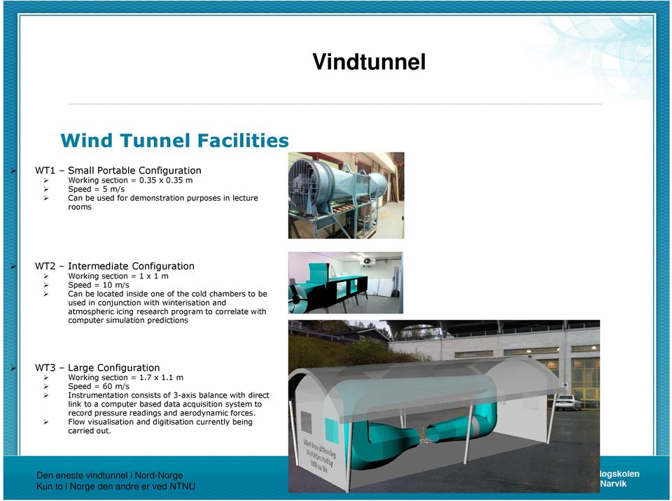 to be used in conjunction with winterisation and atmospheric icing research program to correlate with computer simulation predictions WT3 Large Configuration Working section = 1.7 x 1.