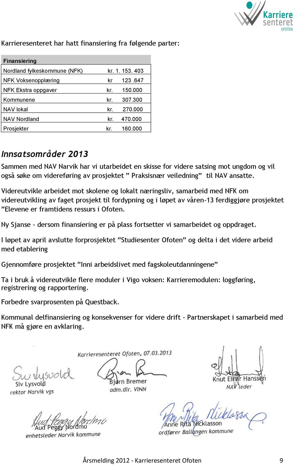 000 Innsatsområder 2013 Sammen med NAV Narvik har vi utarbeidet en skisse for videre satsing mot ungdom og vil også søke om videreføring av prosjektet Praksisnær veiledning til NAV ansatte.