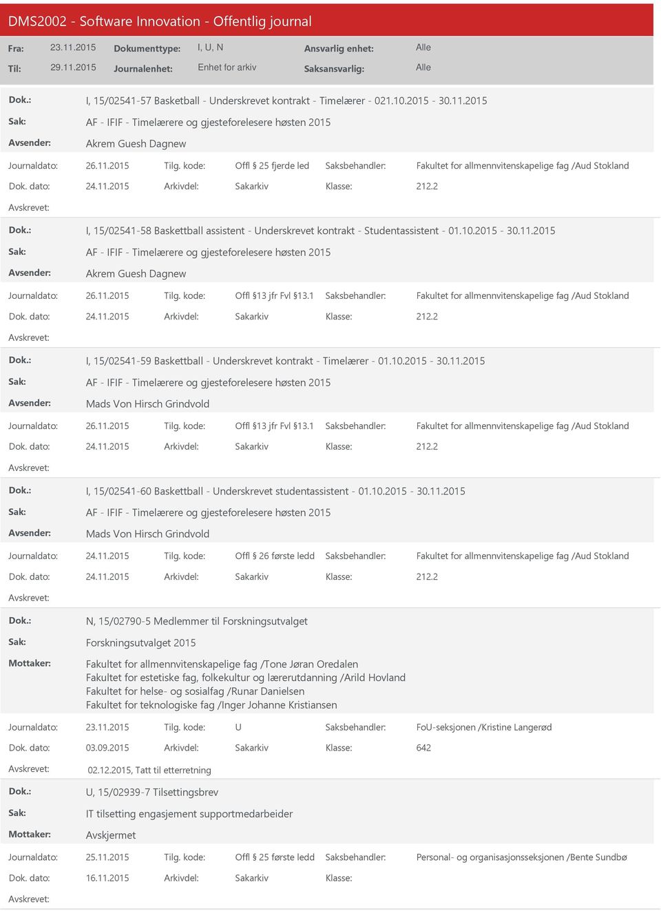 2015 Arkivdel: Sakarkiv I, 15/02541-58 Baskettball assistent - nderskrevet kontrakt - Studentassistent - 01.10.2015-30.11.