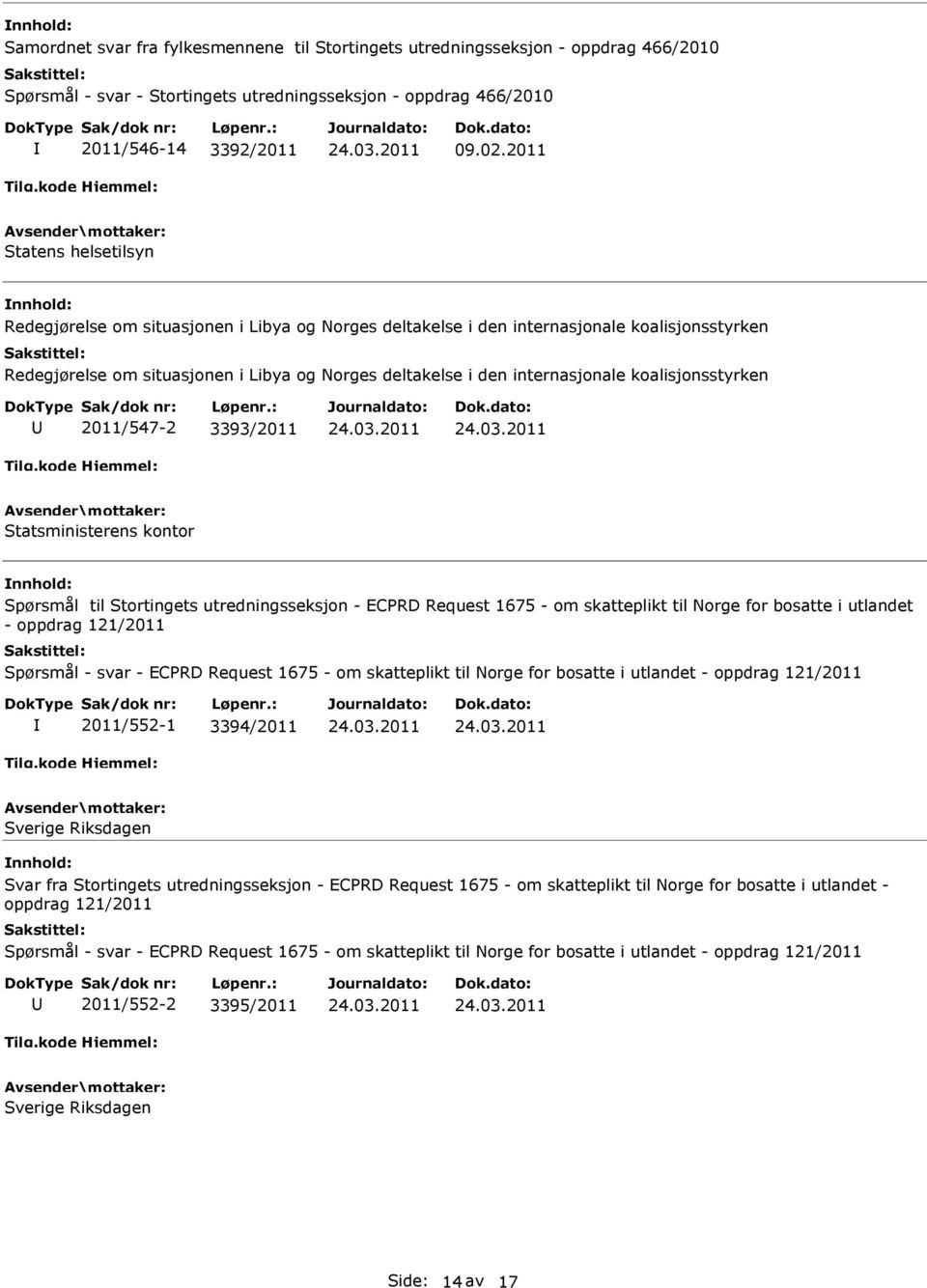koalisjonsstyrken 2011/547-2 3393/2011 Statsministerens kontor Spørsmål til Stortingets utredningsseksjon - ECPRD Request 1675 - om skatteplikt til Norge for bosatte i utlandet - oppdrag 121/2011