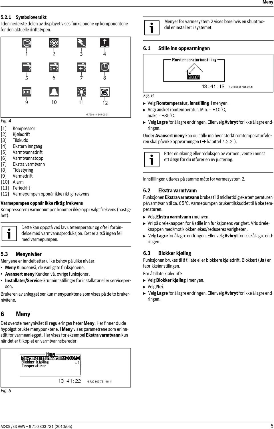 4 [1] Kompressor [2] Kjøledrift [3] Tilskudd [4] Ekstern inngang [5] Varmtvannsdrift [6] Varmtvannstopp [7] Ekstra varmtvann [8] Tidsstyring [9] Varmedrift [10] Alarm [11] Feriedrift [12] Varmepumpen