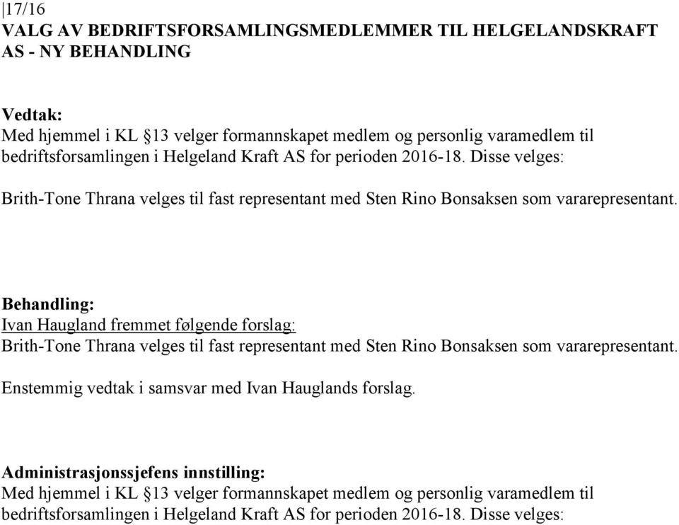 Behandling: Ivan Haugland fremmet følgende forslag: Brith-Tone Thrana velges til fast representant med Sten Rino Bonsaksen som vararepresentant.