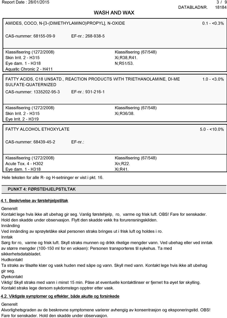 0% Skin Irrit. 2 - H315 Eye Irrit. 2 - H319 Xi;R36/38. FATTY ALCOHOL ETHOXYLATE 5.0 - <10.0% CAS-nummer: 68439-45-2 EF-nr.: Acute Tox. 4 - H302 Eye dam. 1 - H318 Xn;R22. Xi;R41.