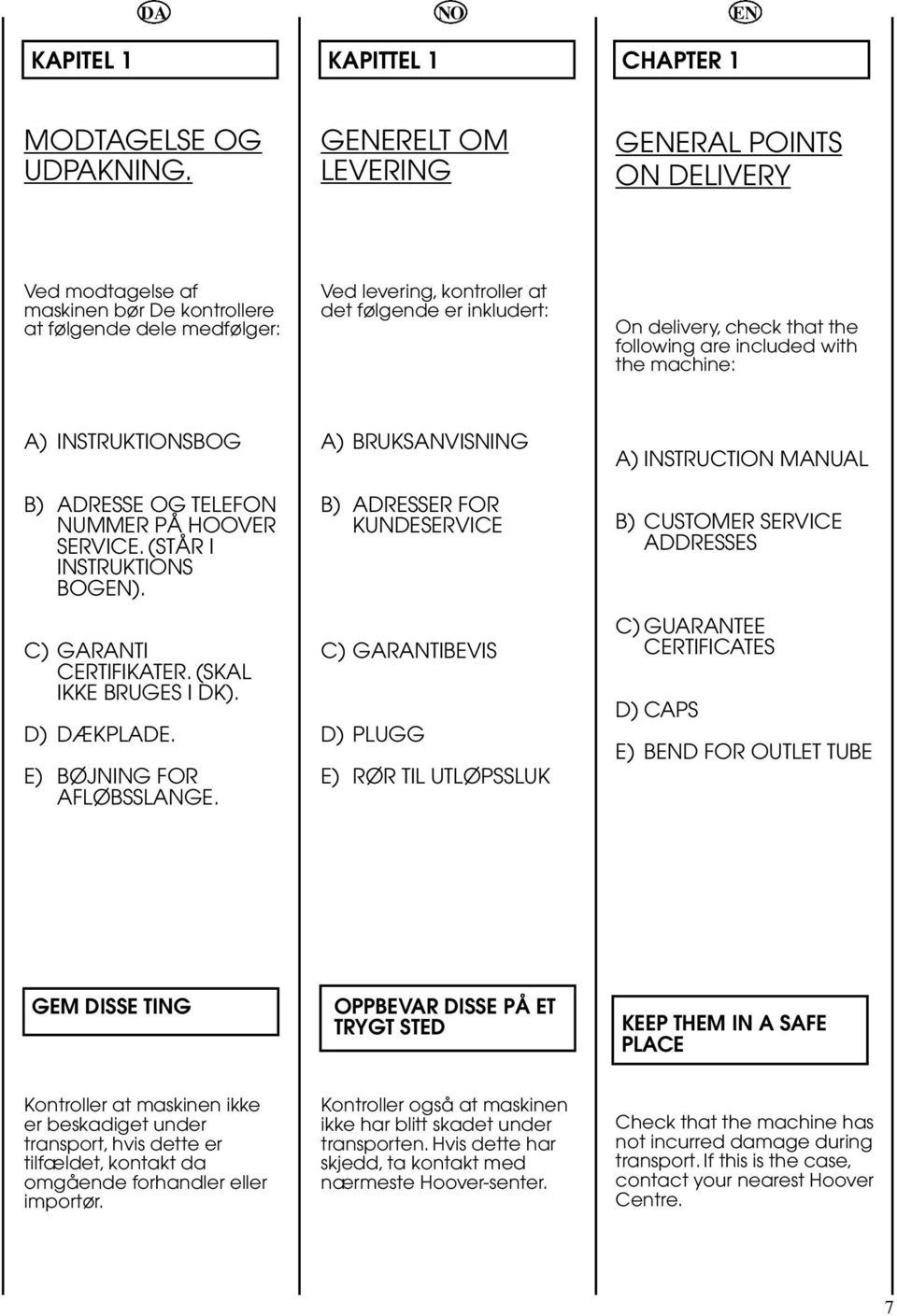 that the following are included with the machine: A) INSTRUKTIONSBOG B) ADRESSE OG TELEFON NUMMER PÅ HOOVER SERVICE. (STÅR I INSTRUKTIONS BOGEN). C) GARANTI CERTIFIKATER. (SKAL IKKE BRUGES I DK).