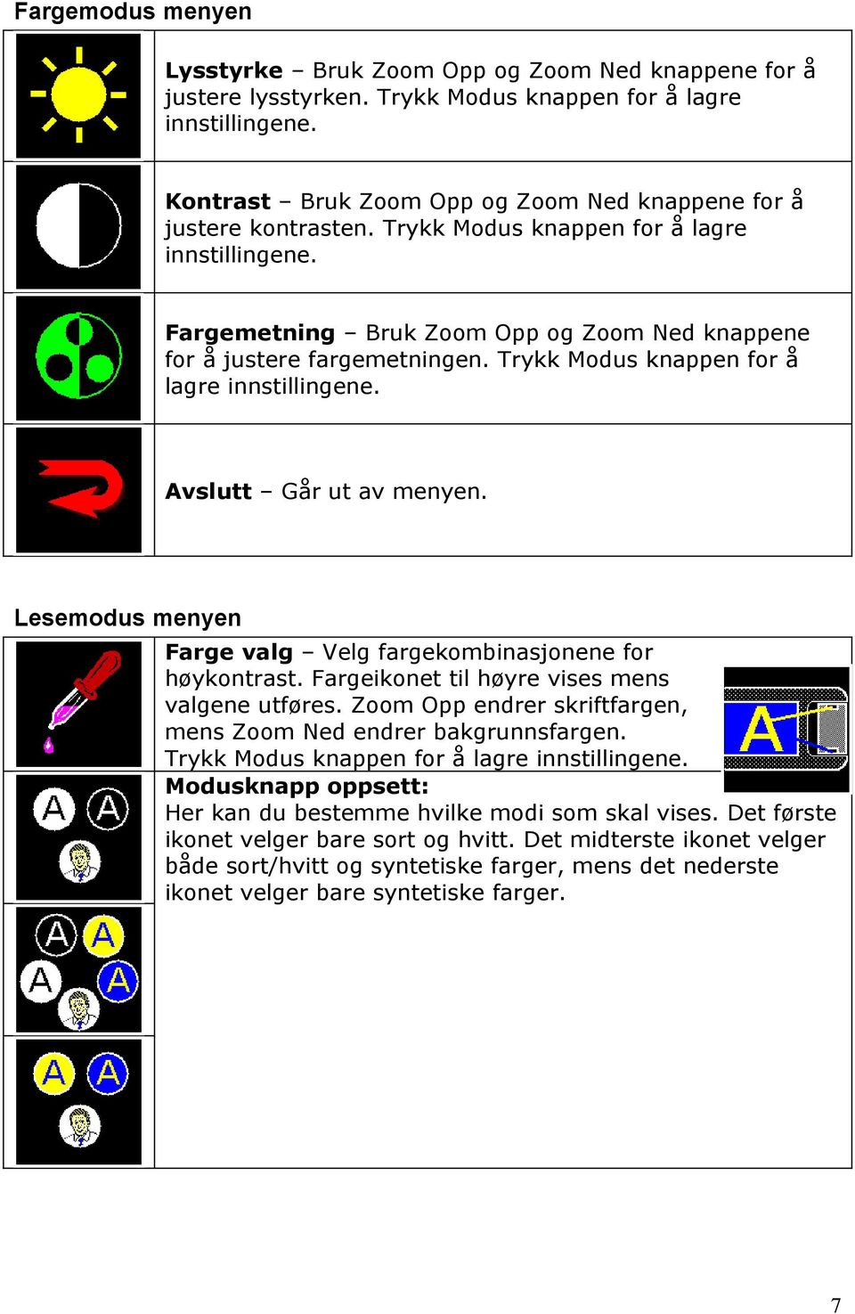 Trykk Modus knappen for å lagre innstillingene. Avslutt Går ut av menyen. Lesemodus menyen Farge valg Velg fargekombinasjonene for høykontrast. Fargeikonet til høyre vises mens valgene utføres.