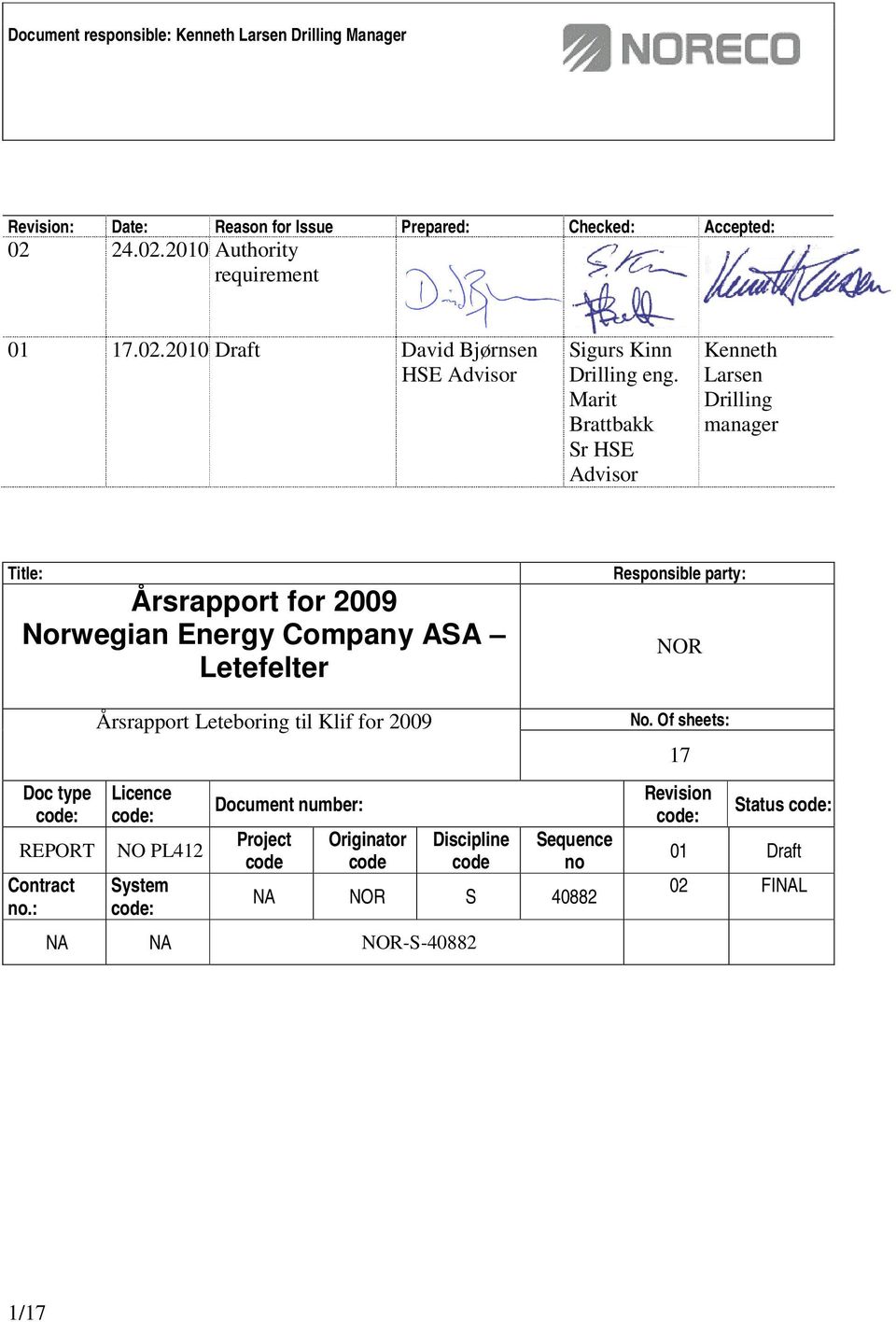 Marit Brattbakk Sr HSE Advisor Kenneth Larsen Drilling manager Title: Årsrapport for 2009 Norwegian Energy Company ASA Letefelter Doc type code: REPORT Contract no.