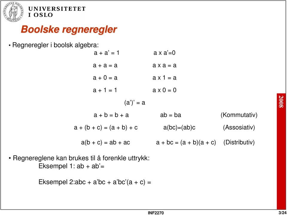 a(bc)=(ab)c (Assosiativ) Regnereglene kan brukes til å forenkle uttrykk: Eksempel 1: ab + ab = a(b +