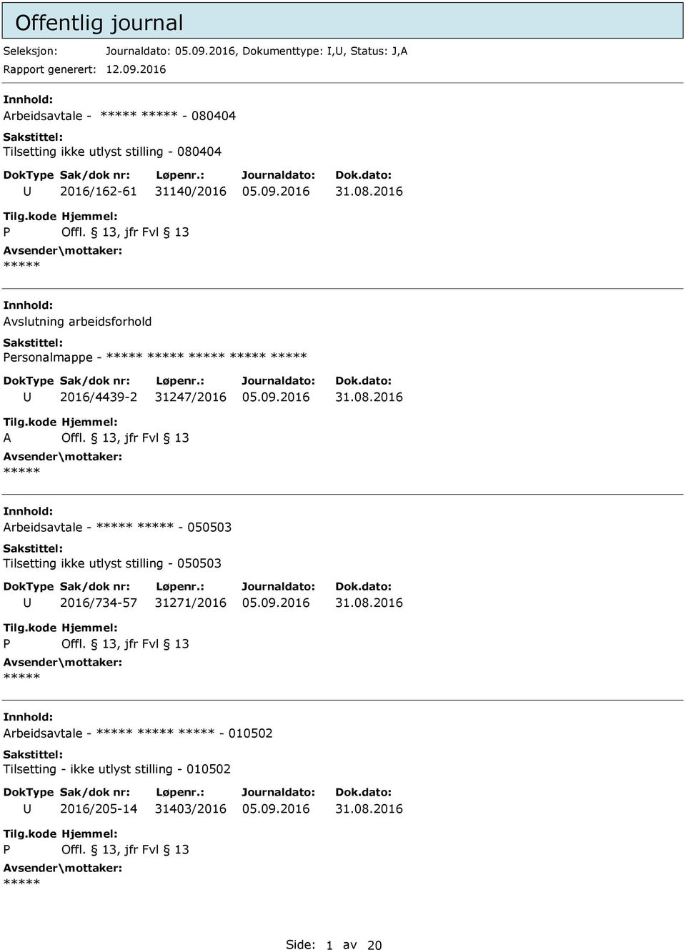 13, jfr Fvl 13 Avslutning arbeidsforhold ersonalmappe - 2016/4439-2 31247/2016 31.08.2016 A Offl.