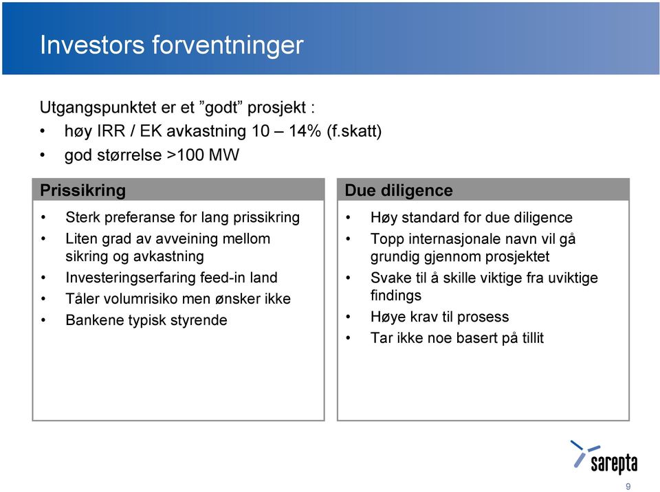Investeringserfaring feed-in land Tåler volumrisiko men ønsker ikke Bankene typisk styrende Due diligence Høy standard for due