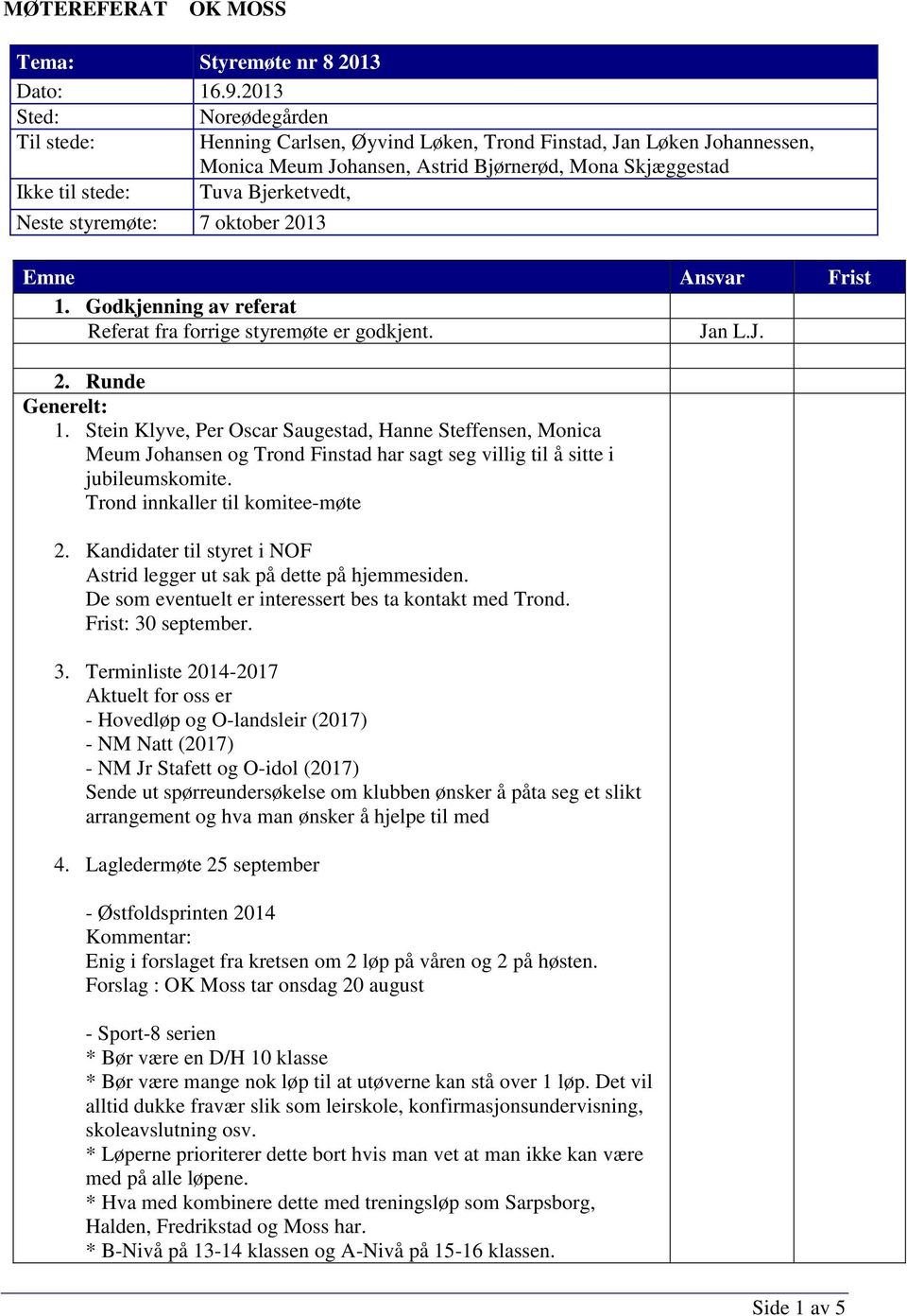 Neste styremøte: 7 oktober 2013 Emne Frist 1. Godkjenning av referat Referat fra forrige styremøte er godkjent. Jan L.J. 2. Runde Generelt: 1.