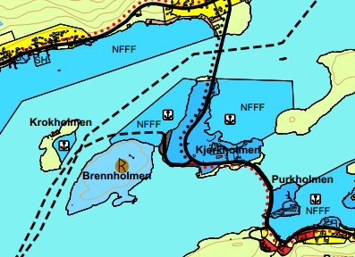 Dagens bruk av planområdet Kjerkholmen brukes i tråd med eksisterende reguleringsplan til industriområde og litt friluftsaktiviteter nord på øya. Brennholmen brukes kun til fritid for 1 familie.